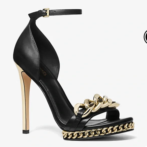 Michael Kors Jordyn Almond Toe Chain High Heel Platform Sandals 6.5 Black Gold - Picture 2 of 4